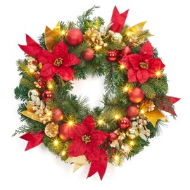 GarveeHome 24 Inch Christmas Wreath with Lights, Pre-Lit Xmas Wreath with Red & Gold Berries Ball Ornaments Artificial Flower Leaves, Christmas Wreath for Front Door, Windows, Wall, Mantel Decoration