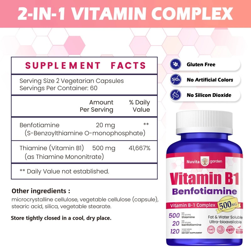 NuvitaGarden Vitamin B1 (Thiamin) 500 mg, 240 Caps - Energy