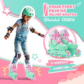 2PM SPORTS Girls Adjustable Illuminating Inline Skates with Light up Wheels, Fun Flashing Beginner Roller Skates for Kids - Green Small