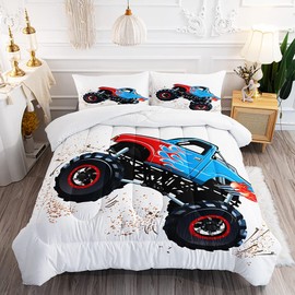 DYcolor 3D Cartoon Road Racing Truck Printed Quilt, 3-Piece Extreme Sports Truck Themed Comforter Set with 1 Comforter and 2 Pillow Cases for Kids, Teens, Boys (Queen, 02)