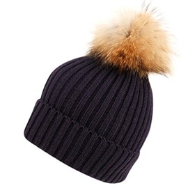 Womens Girls Knitted Fur Hat Real Large Raccoon Fur Pom Pom Beanie Hats (BN2356NAVY)