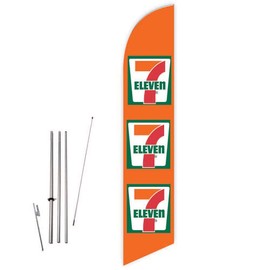 GLOBAL ADVERTISING SOLUTIONS 7-Eleven 3 Logos Orange Feather Flag Eye Catching Banner Sign for Business and Marketing Complete Set with 15 ft Pole Kit and Ground Spike