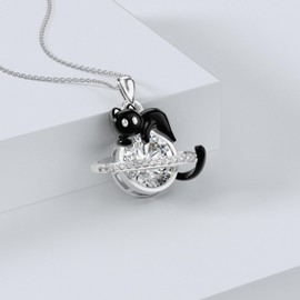 OUTANG Apr Birthstone Planet and Black Cat Necklace for Women 925 Sterling Silver 1.2mm Cable Chain and Pendant Ladies Jewelry Gift
