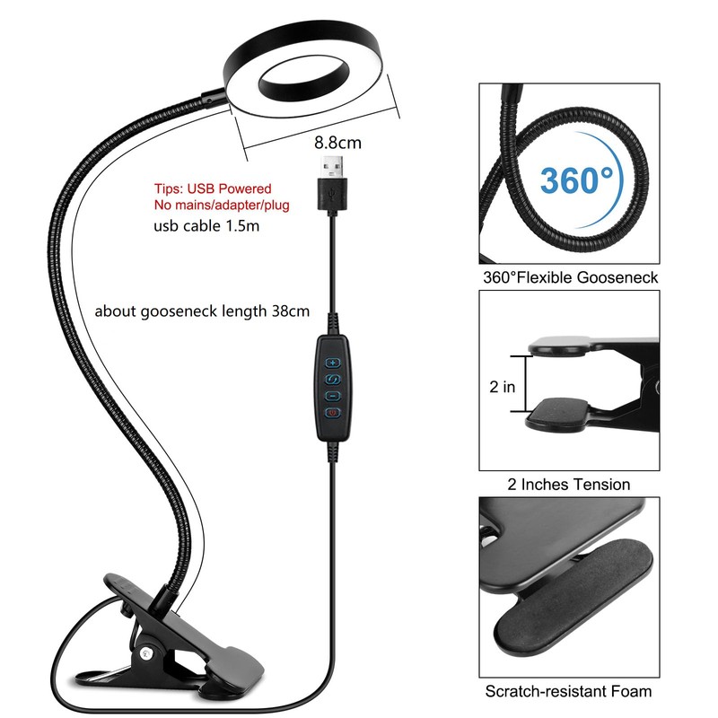 Desk Clip on Lamp for Reading Home Office, 10 Dimmable