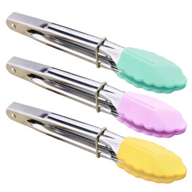 HINMAY Mini Tongs with Silicone Tips 7-Inch Small Serving Tongs, Set of 3 (Pink Mint Yellow)