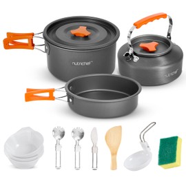 NutriChef Camping Cookware Set - Lightweight Nonstick Pots, Pans, Utensils, Bowls, Cutlery, and Cleaning Tools with Mesh Bag, Foldable Handles, Compact Outdoor Cooking Gear for Hiking & Travel (Grey)