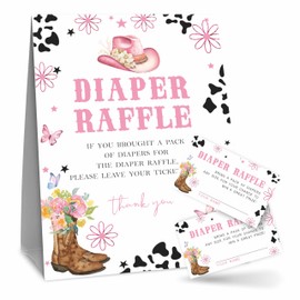 baby girl Diaper Raffle Game Kit For Baby Shower, cowgirl & Blush Floral - 1 Standing Sign & 50 Tickets, Decorations For Baby Shower, Gender Reveal, Baby Announcement, Party Favor & Supplies - A11