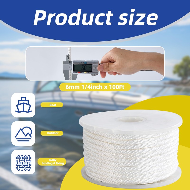 SDLTHR White Nylon Rope 1/4inch 100ft Braided Multi-Purpose Ropes for