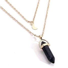 Textiles 4 Home Woman’s Natural Hexagon Quartz Chakra Crystal Pendant Double Layer Moon Necklace Gold (Black Glitter)