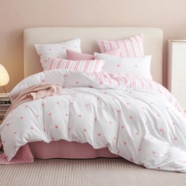 Tospass White Bed Linen 200 x 200 cm Girls - Pink Heart Microfibre Reversible Set Microfibre Inside Is A Pink Stripes Bedding Set Duvet Cover with Zip and 2 Pillowcases 80 x 80 cm