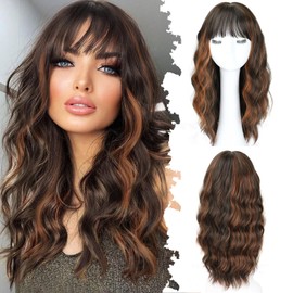 NOVFLKW Brown Highlight Medium Long Wavy Wigs for Women 20inch Highlight Brown Wig with Bangs-Shoulder Length Wavy Curly Synthetic Heat Resistant Fiber Full Hair For Daily Use