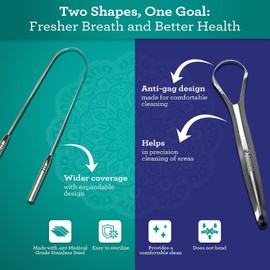 GuruNanda Juego de 2 cucharas y raspador de lengua en forma de U, con estuche de viaje, acero inoxidable 420 de grado médico, promueve el aliento fresco y el cuidado bucal