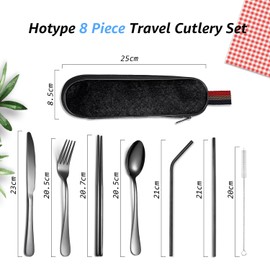 Hotype 8 Stück Bestecksets, Reise Camping-Besteck aus Edelstahl, Utensilien Set mit Tragbare Tasche, zum Reisen, Camping, Picknick, Home, Schule Lunch Etui, Schwarz