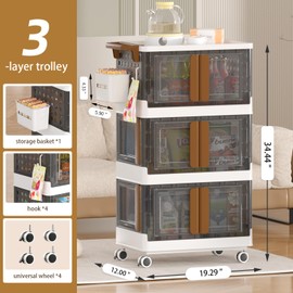 HAIXIN 3 Tier Rolling Cart Rolling Storage Cart with Drawer Plastic Kitchen Cart with Handle, Rolling Storage Cart with Bins 4 Directions Opening Grocery Cart with 4 Hook, Heavy-Duty Storage Trolley