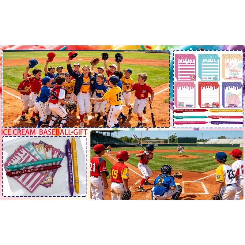 Ice Cream Drip Baseball Sticky Notes and Pens 24Set Baseball