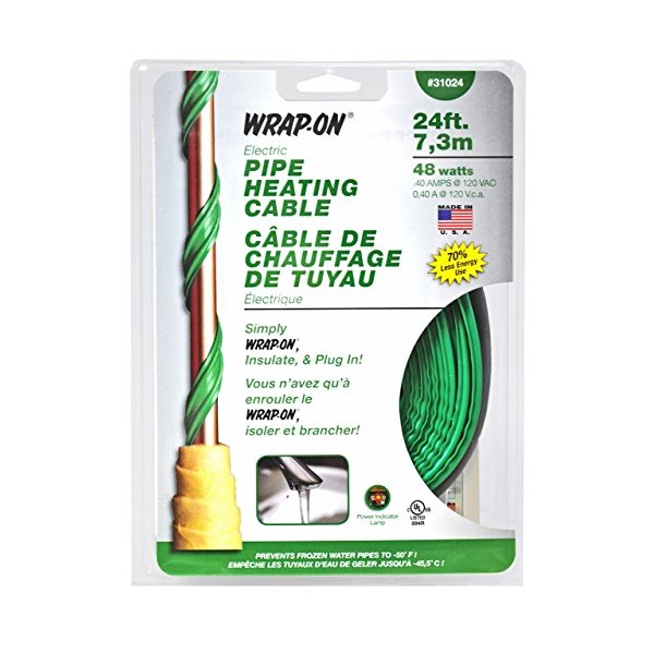 WRAP-ON Pipe Heating Cable - 24-Feet, 120 Volt, Built-in Thermostat,