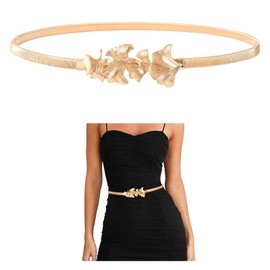 E-Clover Belts for Women Gold Waist Skinny Stretch Belt for Dresses Metal Waistband Leaf