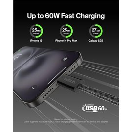 Belkin Cable USB C a USB C, paquete de 2 unidades, 6.6 pies, 60 W, cargador tipo C, cable de carga para iPhone, suave, trenzado, flexible para iPhone 
