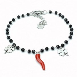 SAGA GIOIELLI Women's Bracelet Red Horn Lucky Charm Clover Crystal Steel 20.5 cm Stainless Steel, Stainless Steel