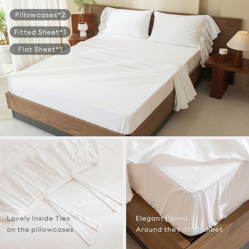 Queen's House White Ruffles Bed Sheets Set Cotton Queen Size