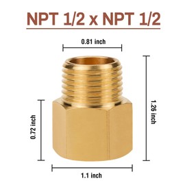 Napredak brass pipe fitting adapter, 1/2 NPT Male to 1/2 NPT Female threaded extender connector, hex reducer fitting for water/gas/oil line, 2 pcs