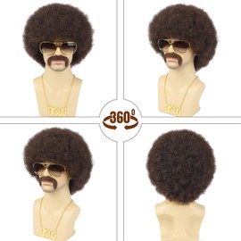 70s Afro Wig for Men 5Pcs Set (Wig+ Glasses+ Necklace+ Mustache+ Wig Cap) Brown Natural Fluffy 70s 80s Afro Disco Wig Curly Synthetic Hair Wig for Halloween Chrismas Cosplay Party