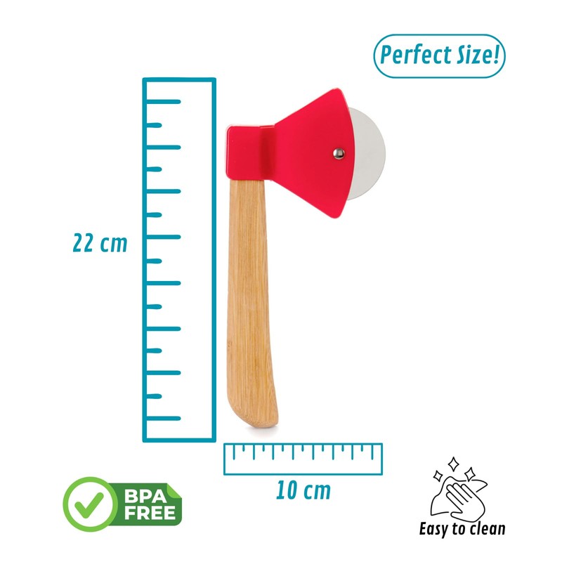 ANDINUS Pizza Cutter Axe Shape - Wooden Handle Red Plastic