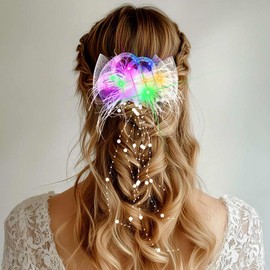 Yokawe Light Up Hair Bow with Pearl Beads, Color Changing Rainbow Lights Bowknot, White Mesh Hair Clip