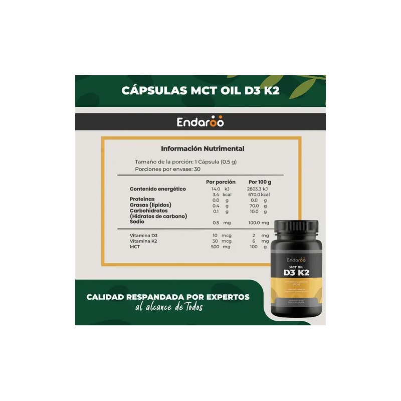 Vitamina D3 y K2 con Aceite MCT ENDAROO para Mejor