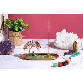 GEHECRST Incense Stick Holder 7 Chakra Edek Stone Tree of Life Decoration with Buddha Figure Money Tree Lucky Charm Feng Shui Decoration for Wealth Happiness Health (7 Chakra)