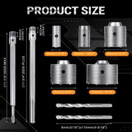 DEHUIWI 9PCS Masonry Hole Saw Kit - 4 Inch SDS Plus Max Bit Shank for Cement Brick Wall, Carbide Hole Saw Kit 30 40 65 80 100 MM, Diamond Drill Core Bit for Brick, Cement, Stone