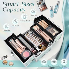 FRENESSA Makeup Case Portable Train Case Cosmetic Organizer cases 4 Trays Travel Storage Box with Lockable Key Hard Metal Make up Artist Train Box Craft Nail Kits Tools Shiny Blue