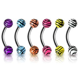 PiercedOff Multipack of 6 Curved Barbells with Tiger Print Acrylic Balls - Thickness 16GA (1.2mm) / Length 10mm / Ball Size 4mm