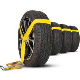 US Cargo Control Side Mount Wheel Nets with Ratchets and Flat Hooks (4-Pack), Lasso Tie Down Straps for Tire Sizes 14 Inches and More, 12,000 LBS Break Strength, Lasso Straps for Car Hauler