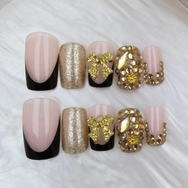 Black French Tip Press on Nails Short Square Fake Nails with 3D Bow Gold Rhinestones Stick on Nails Full Cover Acrylic False Nail Handmade Press on Nail for Women DIY Manicure Salon 24Pcs
