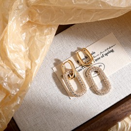 Gold Double Huggie Hoop Earrings for Women, 14K Gold Plated Hypoallergenic Statement Earrings, Elegant Drop Dangle Hoops with Zirconia