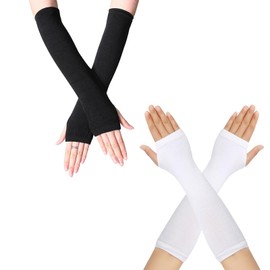 AWOCAN 2PCS Women Arm Warmers Long Fingerless Gloves Winter Knitted Mitten Thumb Hole Gloves for Women (BLACK+WHITE)