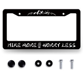 Hike More Worry Less License Plate Frame Mountains Adventure Await License Plate Personalise Stainless Steel Rust-Proof Auto Parts Funny License Plate Cover Decoration With Screws 12.3"x 6.3"Men Women