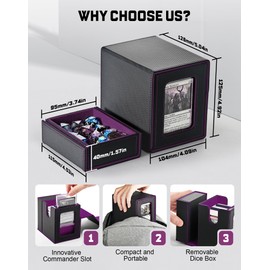 ZLCA MTG Deck Box, Commander Deck Box with Display Window, Card Deck Box Holds 100 Double-Sleeved Cards with Dice Tray & 35pt Magnetic Card Holder（Black& purple）