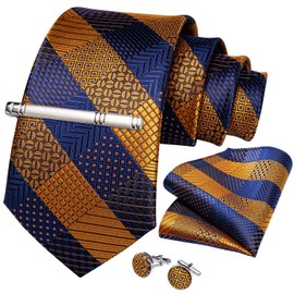 DiBanGu - Juego de corbatas de seda a cuadros para hombre, corbata y bolsillo cuadrados, con caja de regalo para bodas y negocios, Azul y dorado, Talla única