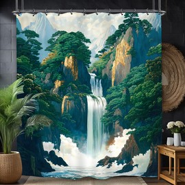 Yookeb - Cortina de ducha de baño con cascada japonesa, color verde, 60 W x 71 H, paisaje, árbol, Ukiyo-e, tela de poliéster, 12 ganchos de plástico, decoración impermeable