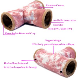 LeerKing Guinea Pig Tunnel 3 Way, Small Animal Hideout Toy Washable Canvas Fleece Tube Play Tunnel for Rats Ferret Bunny Gerbil Sugar Glider Chinchilla, Pink