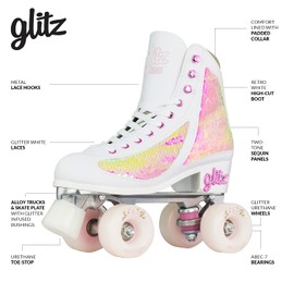 Crazy Skates Glitz Roller Skates | Adjustable or Fixed Sizes | Glitter Sparkle Quad Skates for Women and Girls - Pearl (Adjustable) (Size: Medium | 3-6)