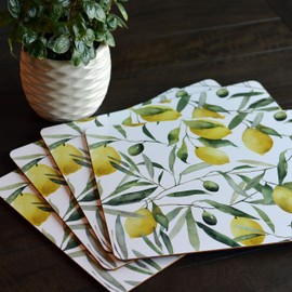Citrus Garden Placemats, Set of 4, Yellow Lemons, White Background, Cork Back Boards, Heat Resistant, 15.75 x 11.75 Inches