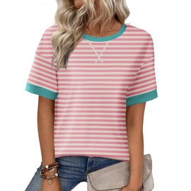 Zeagoo Womens Tops Casual Summer Oversized Short Sleeve Striped Shirts Loose Crewneck Sweatshirt Basic Tee Blouse