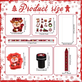 Dianelhall 168 Pcs Christmas Stationery Party Favors Bulk Christmas Buffalo Plaid Mini Notebook Pencils Stickers Stamps Erasers Rulers Bags for Kids Classroom Exchange Gifts Xmas Party Favor Supplies