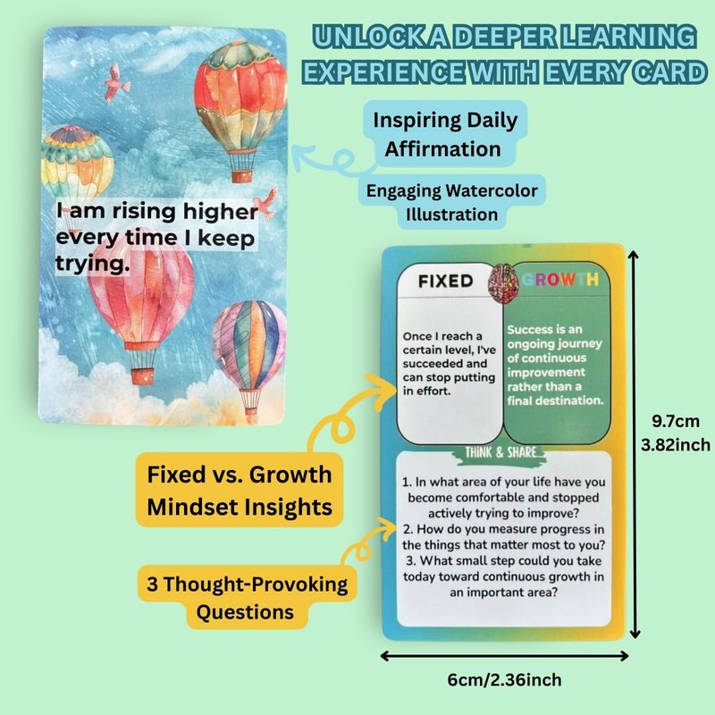 UHillMinerva Growth Mindset Affirmation Cards, 52 Watercolor Illustrated with Fixed