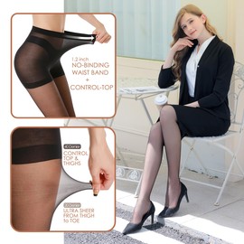 G&Y 3 Pairs Women's Sheer Tights - 20D Control Top Pantyhose with Reinforced Toes(Black, L)
