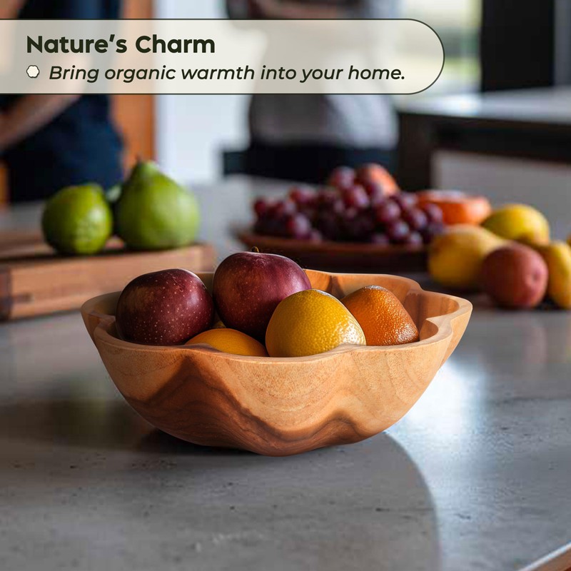 Wooden Bowl for Kitchen Counter, Decorative Fruit Bowl, Teak Wood