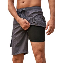 SHEKINI Men's Swim Trunks with Compression Liner 2 in 1 Mens Swimming Shorts 4-Way Stretch Bathing Suit Quick Dry Surfing Beach Board Shorts Grey